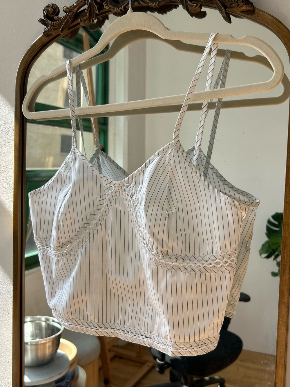 Handmade Reworked Striped Crochet-Trim White Tank - Picture 3 of 5